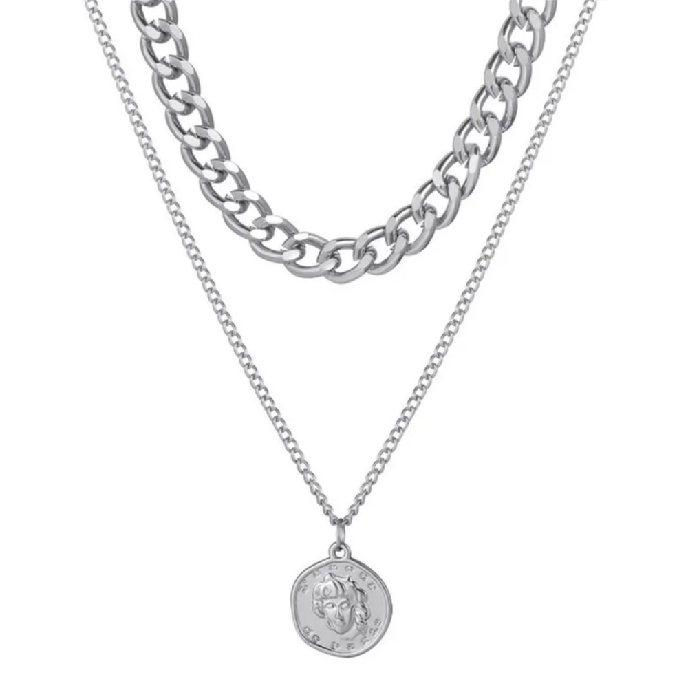 Silver Coin Pendant Layered Choker